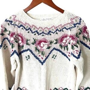 Laurice Vintage Women M Hand Knit Floral Popcorn Sweater Pink Cream Ramie Cotton